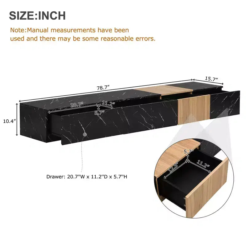 88" TV Stand with Faux Marble and Walnut Wood Grain Finish, Modern Entertainment Center with 4 Storage Drawers