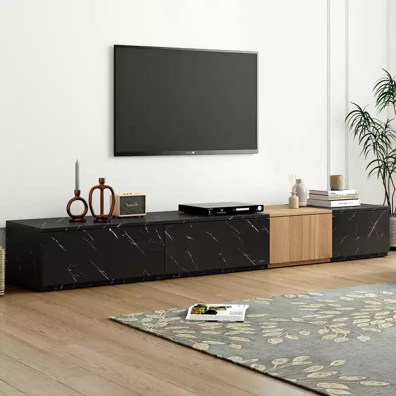 88" TV Stand with Faux Marble and Walnut Wood Grain Finish, Modern Entertainment Center with 4 Storage Drawers