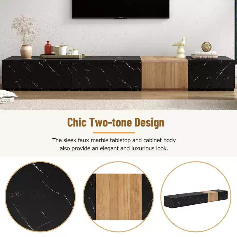 88" TV Stand with Faux Marble and Walnut Wood Grain Finish, Modern Entertainment Center with 4 Storage Drawers
