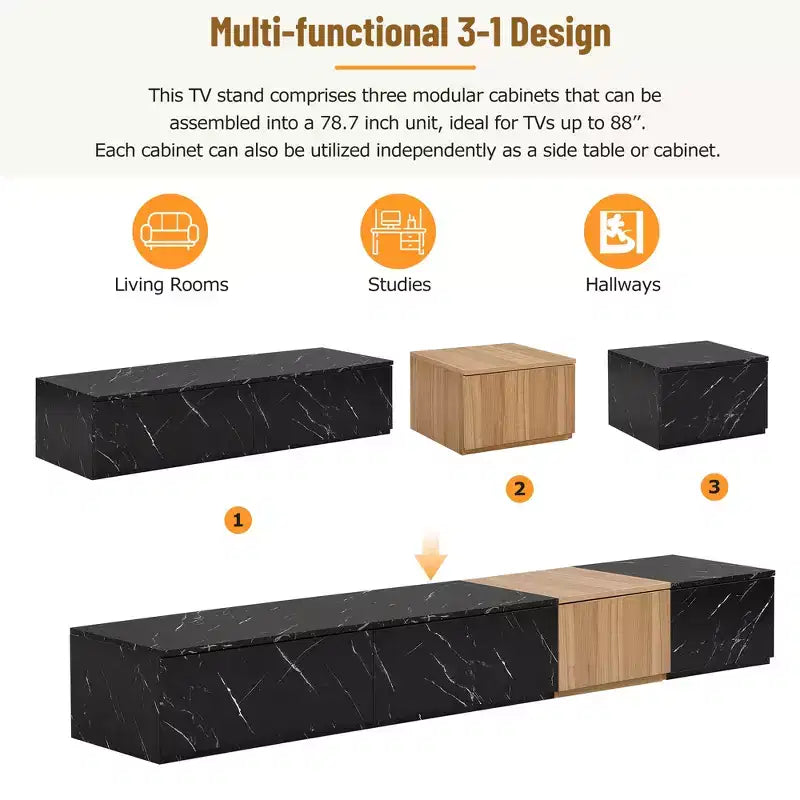 88" TV Stand with Faux Marble and Walnut Wood Grain Finish, Modern Entertainment Center with 4 Storage Drawers
