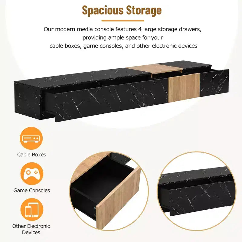 88" TV Stand with Faux Marble and Walnut Wood Grain Finish, Modern Entertainment Center with 4 Storage Drawers