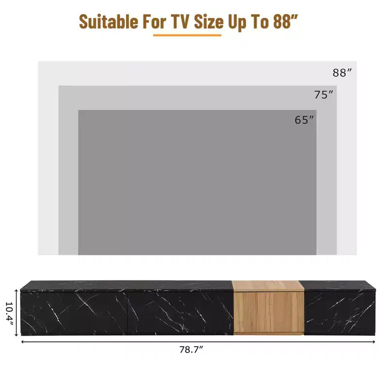 88" TV Stand with Faux Marble and Walnut Wood Grain Finish, Modern Entertainment Center with 4 Storage Drawers