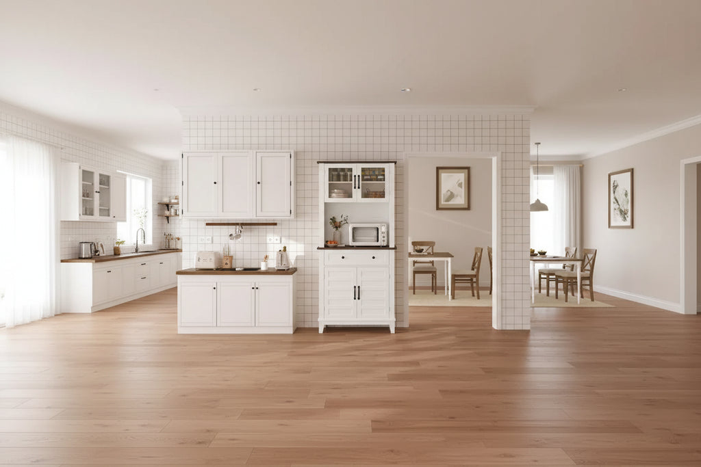 Kitchen Pantry, 72 Farmhouse Coffee Bar Table with Storage Drawers & Glass Doors