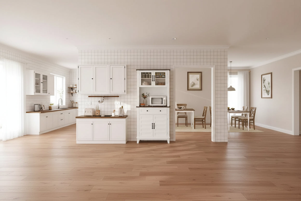 Kitchen Pantry, 72 Farmhouse Coffee Bar Table with Storage Drawers & Glass Doors