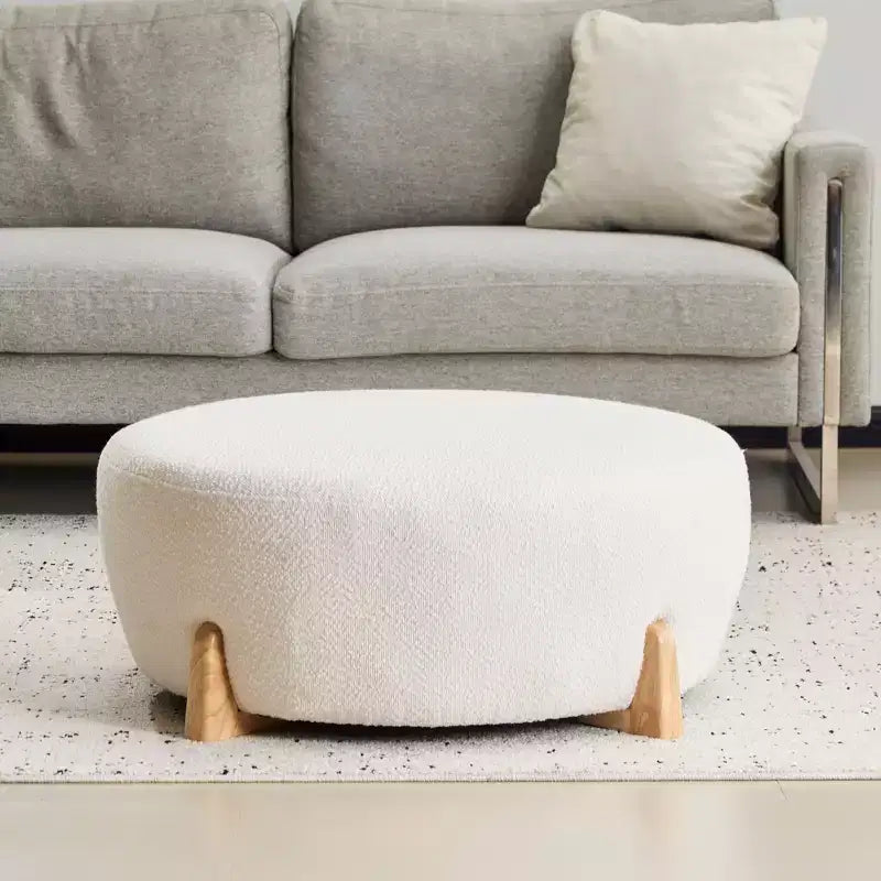 Pouf rond en bouclette moderne, repose-pieds et tabouret d'appoint rembourré doux avec pieds en bois d'hévéa