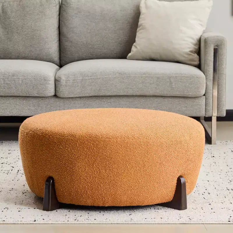 Modern Boucle Round Ottoman, Soft Upholstered Footrest and Accent Stool with Rubber Wood Legs