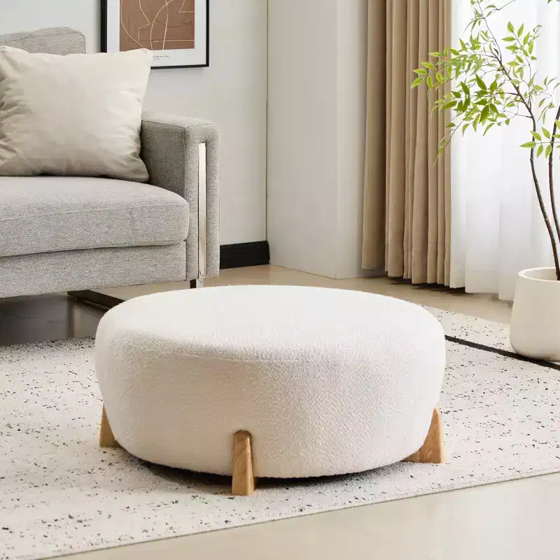 Modern Boucle Round Ottoman, Soft Upholstered Footrest and Accent Stool with Rubber Wood Legs