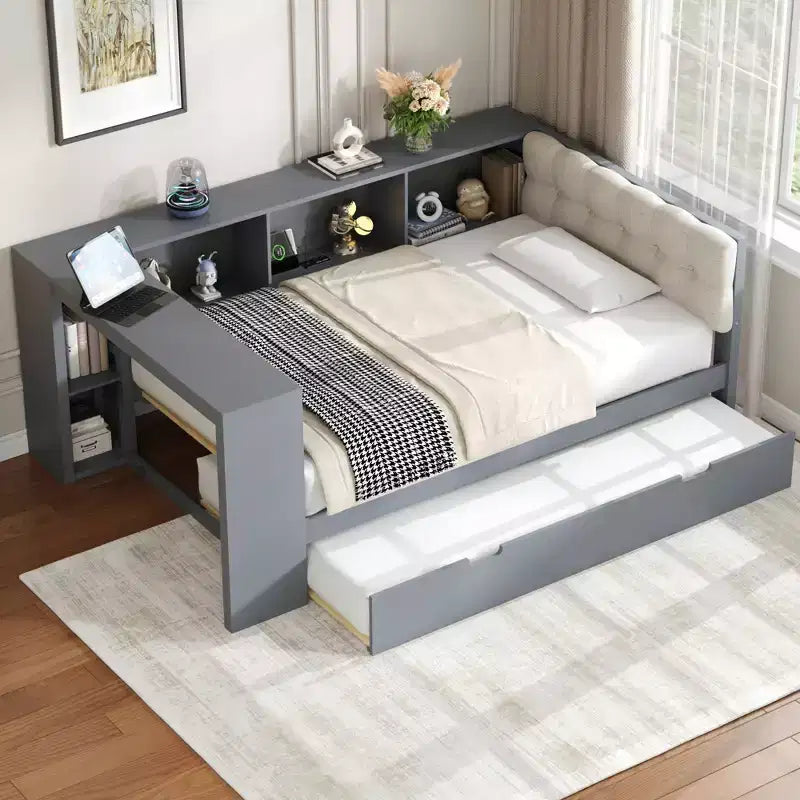 Twin/Full Size Daybed with Storage Shelves, Charging Station & Upholstered Headboard