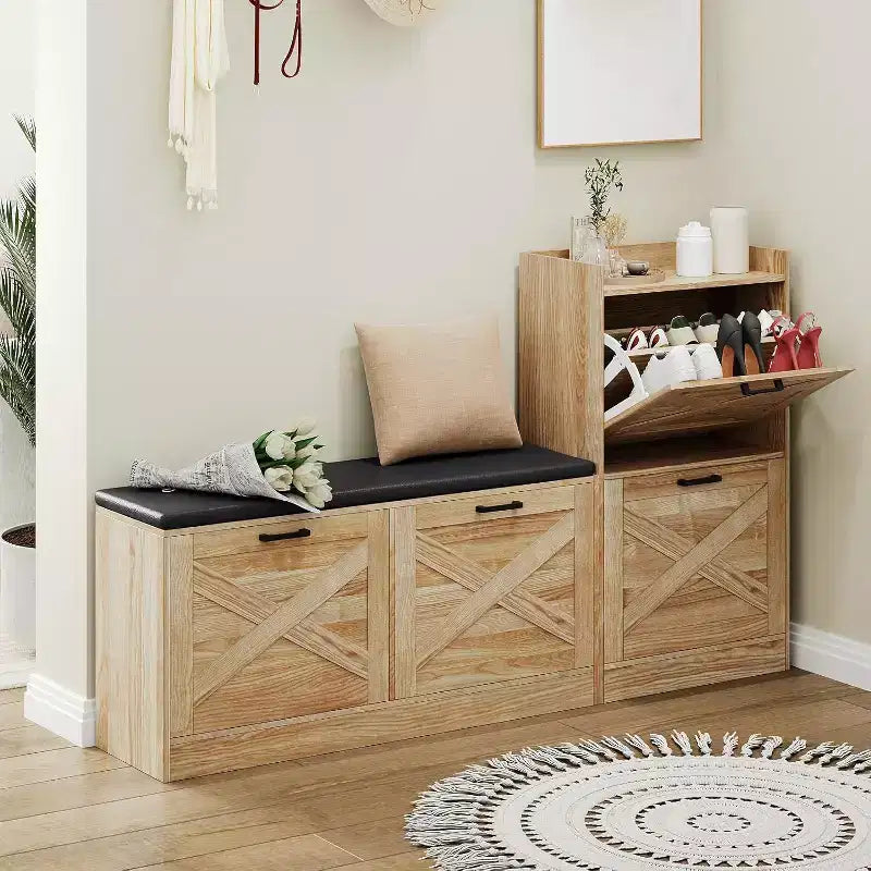 Shoe Storage Bench with Flip Drawers, Padded Seat, Narrow Hidden Shoe Cabinet Organizer for Hallway & Living Room