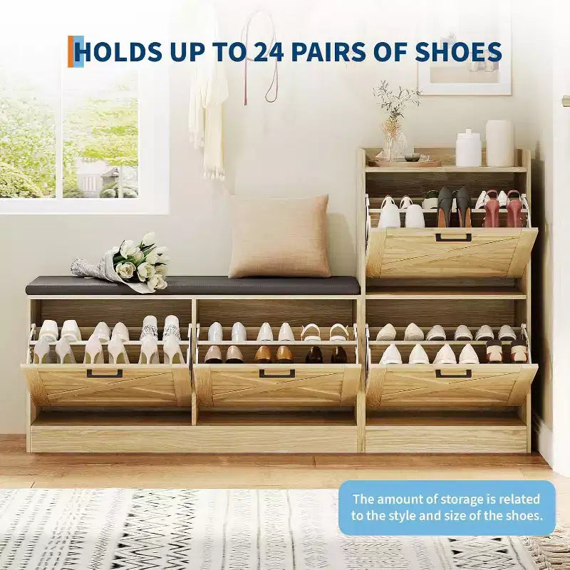 Shoe Storage Bench with Flip Drawers, Padded Seat, Narrow Hidden Shoe Cabinet Organizer for Hallway & Living Room