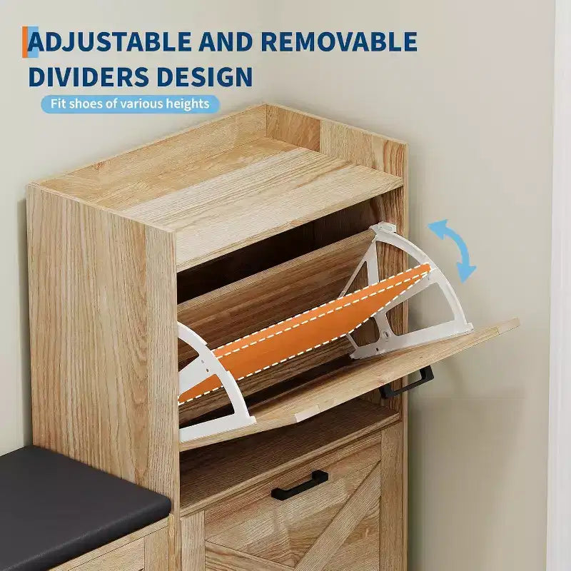 Shoe Storage Bench with Flip Drawers, Padded Seat, Narrow Hidden Shoe Cabinet Organizer for Hallway & Living Room