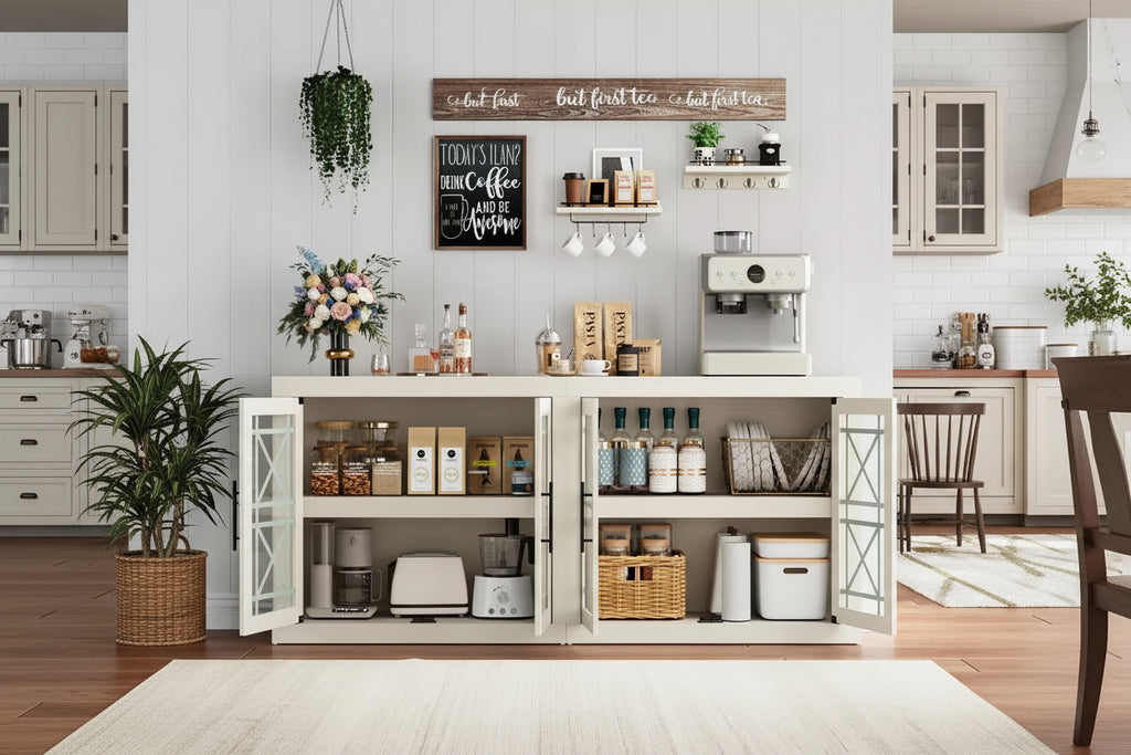Meuble de rangement buffet avec 4 portes en verre à motif, buffet de bar à café moderne de 180 cm de large, meuble TV en bois pour cuisine, salle à manger, salon