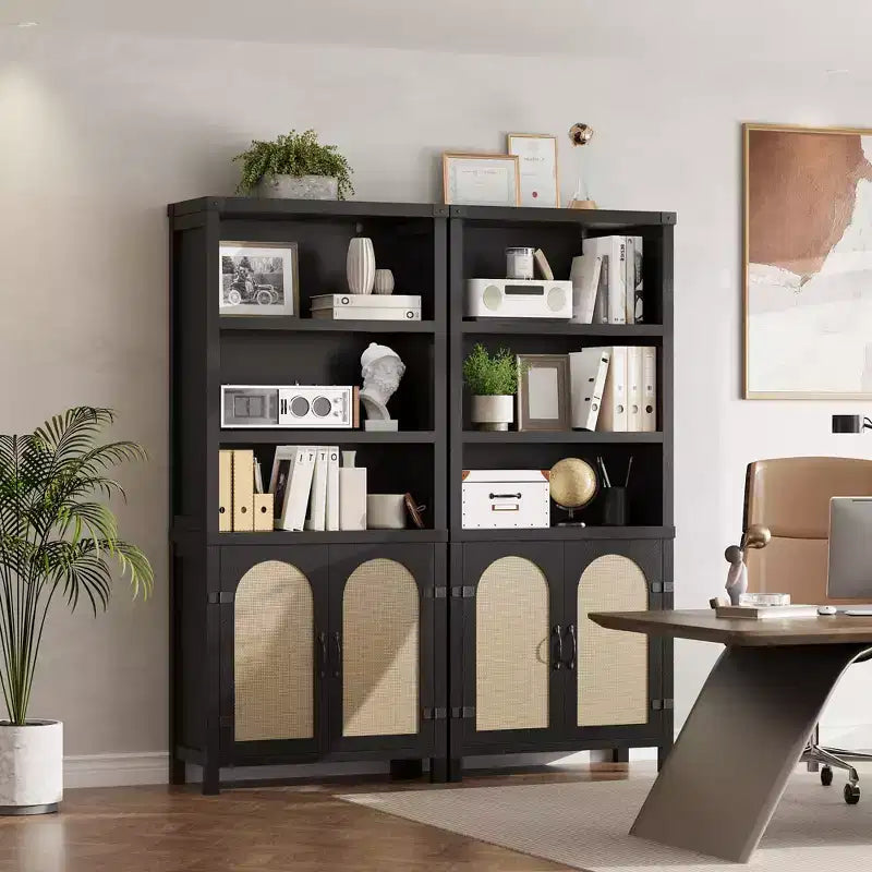 Rustic Bookshelves and Bookcases with Doors, Wooden 3 Shelf Bookshelves with Cabinets, 70 Tall Floor Standing Display Storage Shelves for Bedroom