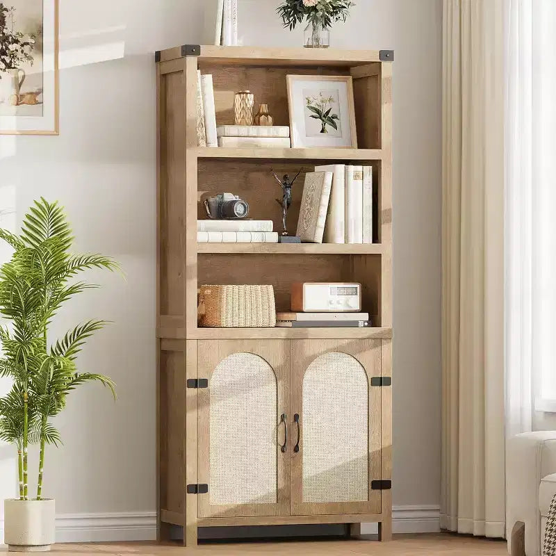 Rustic Bookshelves and Bookcases with Doors, Wooden 3 Shelf Bookshelves with Cabinets, 70 Tall Floor Standing Display Storage Shelves for Bedroom