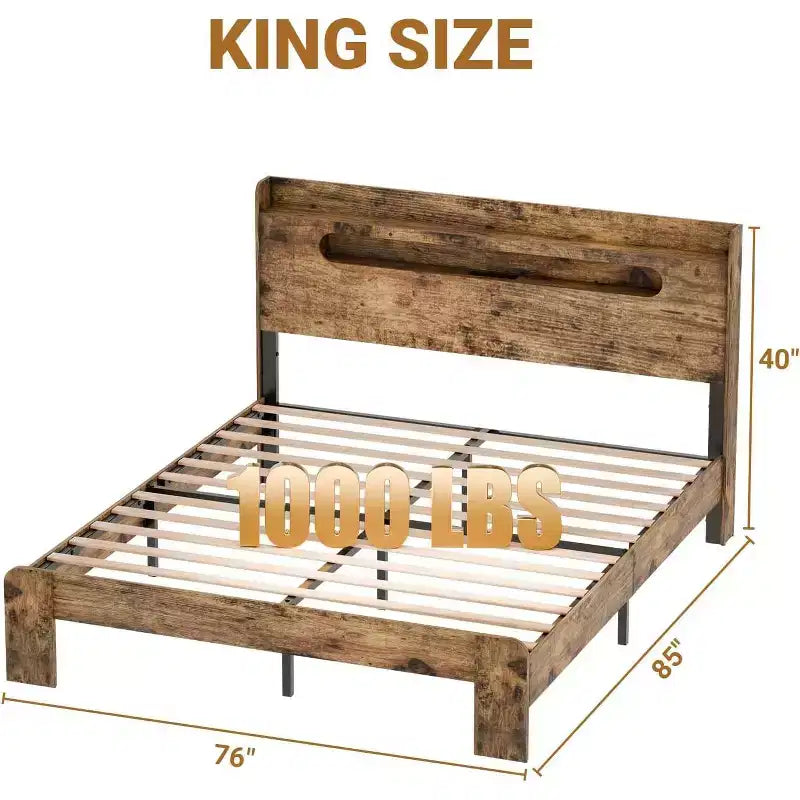 Lit King Size avec Cadre et Tête de Lit, Lumière LED, Cadre en Bois Durable, Sans Bruit, Marron Rustique (Fente Rectangulaire à Bord Arrondi)