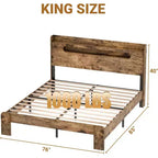 Lit King Size avec Cadre et Tête de Lit, Lumière LED, Cadre en Bois Durable, Sans Bruit, Marron Rustique (Fente Rectangulaire à Bord Arrondi)
