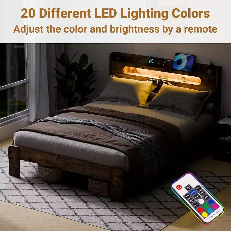 Lit King Size avec Cadre et Tête de Lit, Lumière LED, Cadre en Bois Durable, Sans Bruit, Marron Rustique (Fente Rectangulaire à Bord Arrondi)