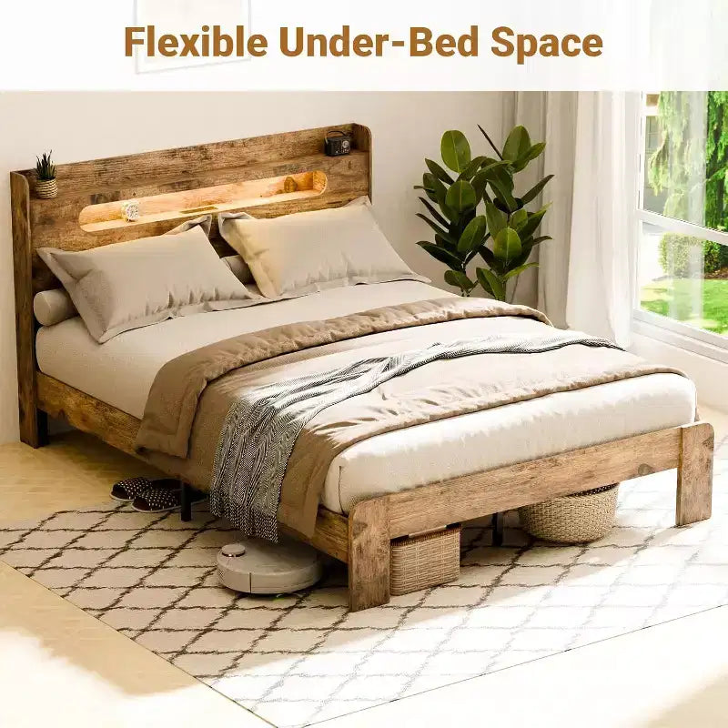 Lit King Size avec Cadre et Tête de Lit, Lumière LED, Cadre en Bois Durable, Sans Bruit, Marron Rustique (Fente Rectangulaire à Bord Arrondi)