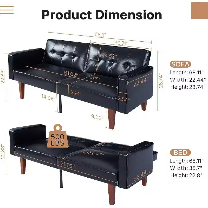 Canapé-lit convertible avec dossier réglable, fonctionne comme fauteuil inclinable et causeuse, coussins en mousse et à ressorts, noir