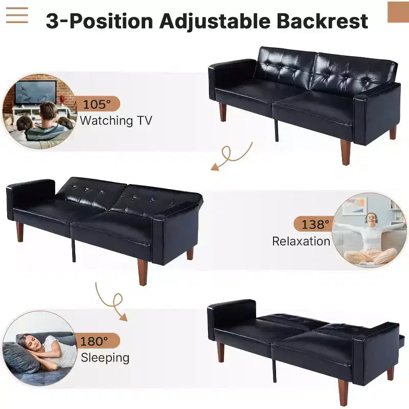 Canapé-lit convertible avec dossier réglable, fonctionne comme fauteuil inclinable et causeuse, coussins en mousse et à ressorts, noir