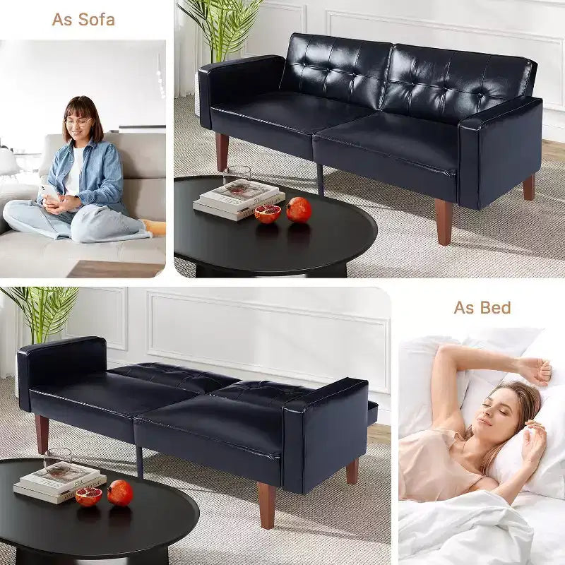 Canapé-lit convertible avec dossier réglable, fonctionne comme fauteuil inclinable et causeuse, coussins en mousse et à ressorts, noir