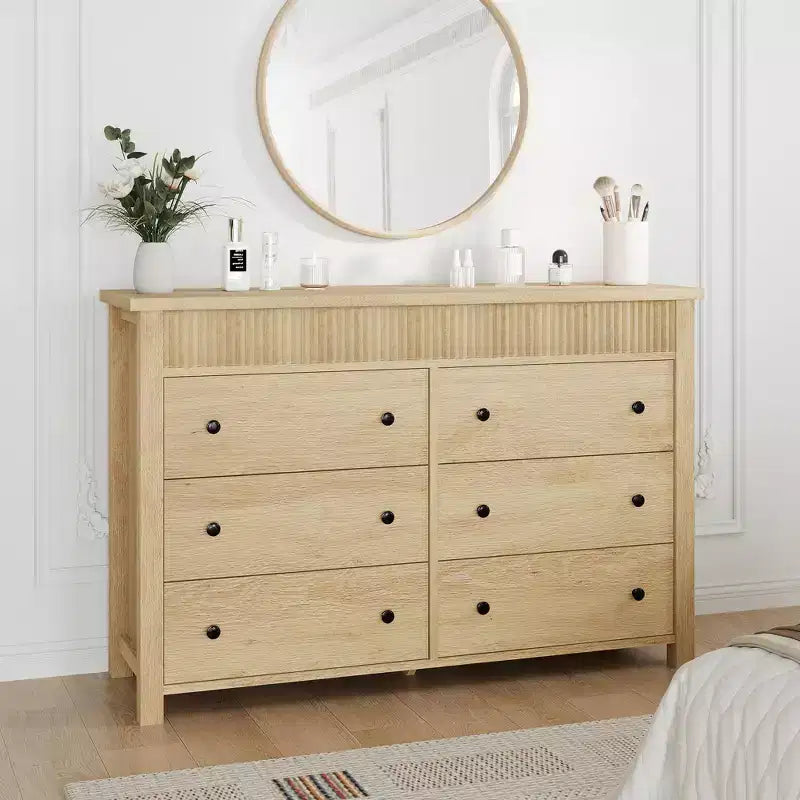 Commode à 6 tiroirs pour chambre à coucher, commode en bois de 47 pouces de large, commode cannelée pouvant servir de meuble TV, organisateur de rangement pour vêtements pour chambre à coucher et couloir