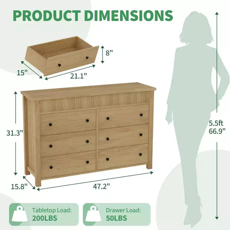 Commode à 6 tiroirs pour chambre à coucher, commode en bois de 47 pouces de large, commode cannelée pouvant servir de meuble TV, organisateur de rangement pour vêtements pour chambre à coucher et couloir