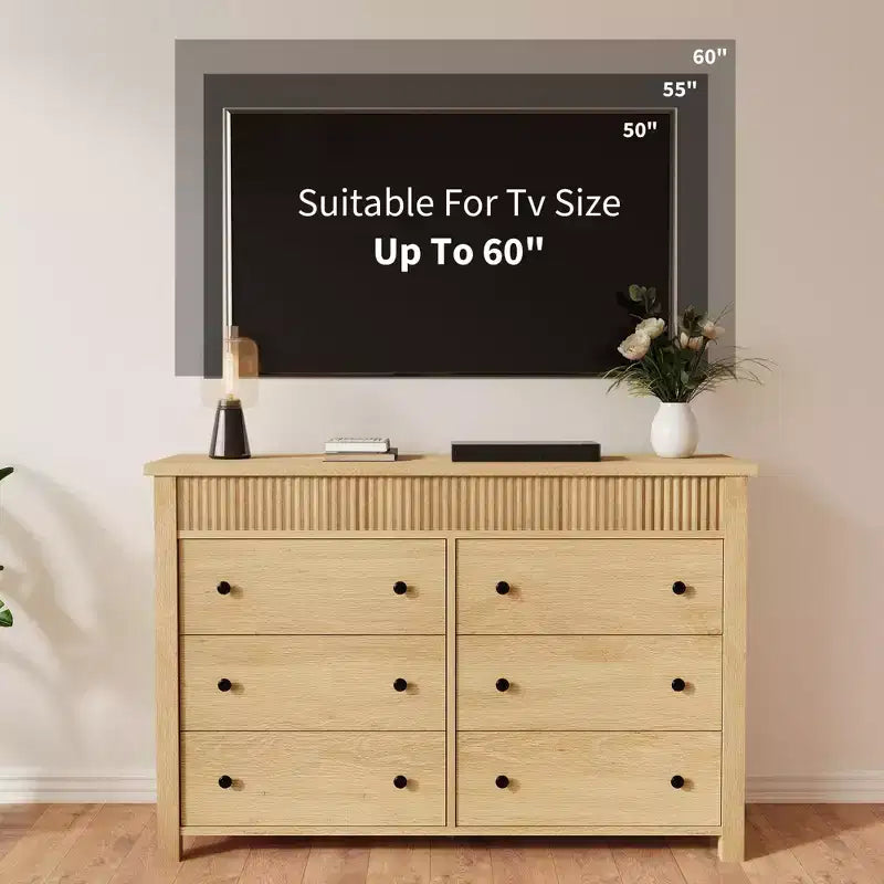 Commode à 6 tiroirs pour chambre à coucher, commode en bois de 47 pouces de large, commode cannelée pouvant servir de meuble TV, organisateur de rangement pour vêtements pour chambre à coucher et couloir