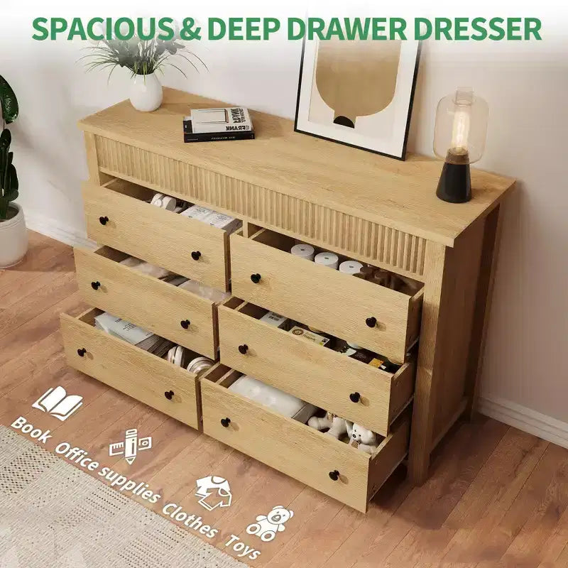 Commode à 6 tiroirs pour chambre à coucher, commode en bois de 47 pouces de large, commode cannelée pouvant servir de meuble TV, organisateur de rangement pour vêtements pour chambre à coucher et couloir