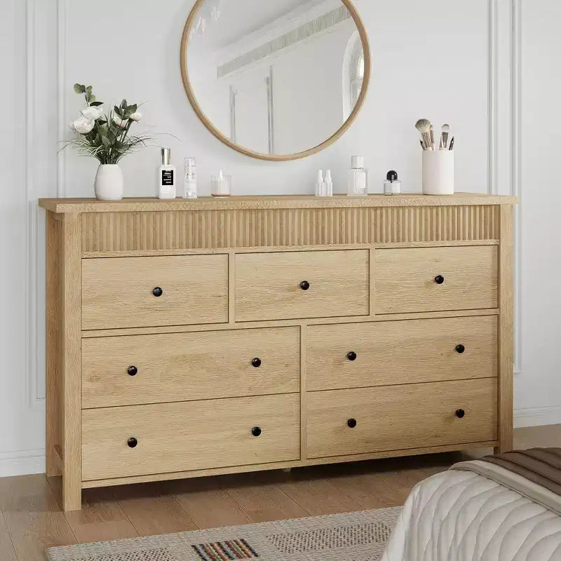 Commode à 6 tiroirs pour chambre à coucher, commode en bois de 47 pouces de large, commode cannelée pouvant servir de meuble TV, organisateur de rangement pour vêtements pour chambre à coucher et couloir