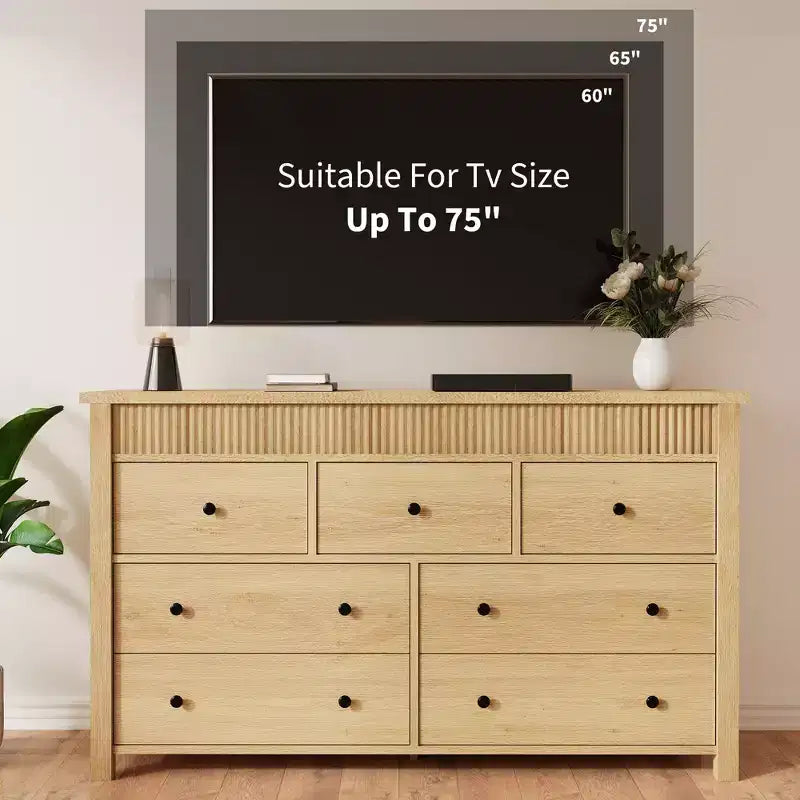 Commode à 6 tiroirs pour chambre à coucher, commode en bois de 47 pouces de large, commode cannelée pouvant servir de meuble TV, organisateur de rangement pour vêtements pour chambre à coucher et couloir