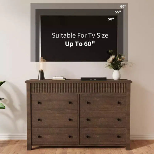 Commode à 6 tiroirs pour chambre à coucher, commode en bois de 47 pouces de large, commode cannelée pouvant servir de meuble TV, organisateur de rangement pour vêtements pour chambre à coucher et couloir