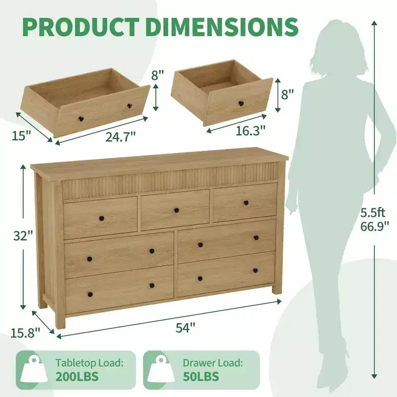 Commode à 6 tiroirs pour chambre à coucher, commode en bois de 47 pouces de large, commode cannelée pouvant servir de meuble TV, organisateur de rangement pour vêtements pour chambre à coucher et couloir