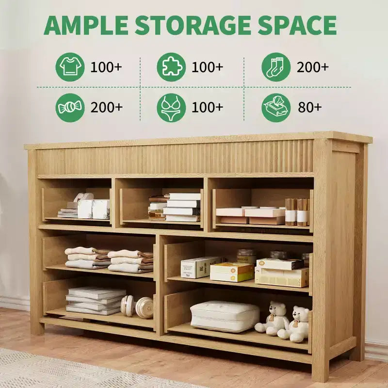 Commode à 6 tiroirs pour chambre à coucher, commode en bois de 47 pouces de large, commode cannelée pouvant servir de meuble TV, organisateur de rangement pour vêtements pour chambre à coucher et couloir