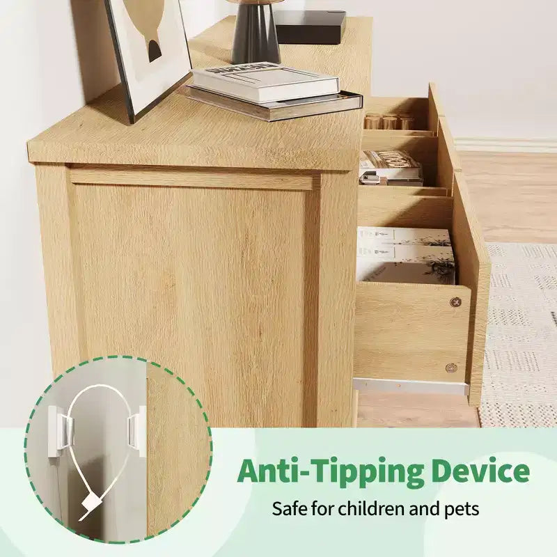 Commode à 6 tiroirs pour chambre à coucher, commode en bois de 47 pouces de large, commode cannelée pouvant servir de meuble TV, organisateur de rangement pour vêtements pour chambre à coucher et couloir