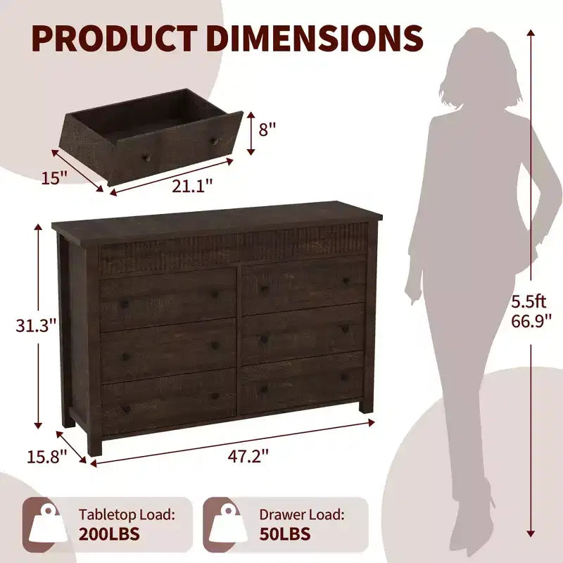 Commode à 6 tiroirs pour chambre à coucher, commode en bois de 47 pouces de large, commode cannelée pouvant servir de meuble TV, organisateur de rangement pour vêtements pour chambre à coucher et couloir