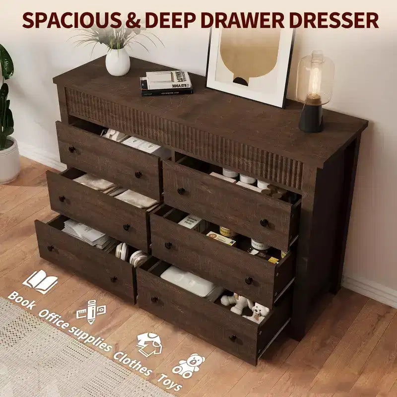 Commode à 6 tiroirs pour chambre à coucher, commode en bois de 47 pouces de large, commode cannelée pouvant servir de meuble TV, organisateur de rangement pour vêtements pour chambre à coucher et couloir