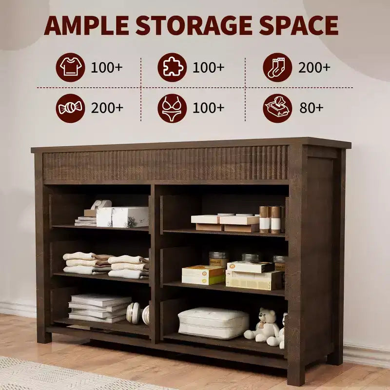 Commode à 6 tiroirs pour chambre à coucher, commode en bois de 47 pouces de large, commode cannelée pouvant servir de meuble TV, organisateur de rangement pour vêtements pour chambre à coucher et couloir