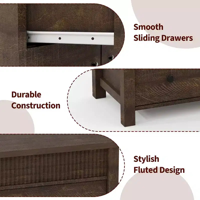 Commode à 6 tiroirs pour chambre à coucher, commode en bois de 47 pouces de large, commode cannelée pouvant servir de meuble TV, organisateur de rangement pour vêtements pour chambre à coucher et couloir