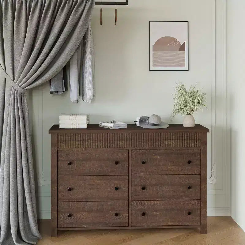 Commode à 6 tiroirs pour chambre à coucher, commode en bois de 47 pouces de large, commode cannelée pouvant servir de meuble TV, organisateur de rangement pour vêtements pour chambre à coucher et couloir
