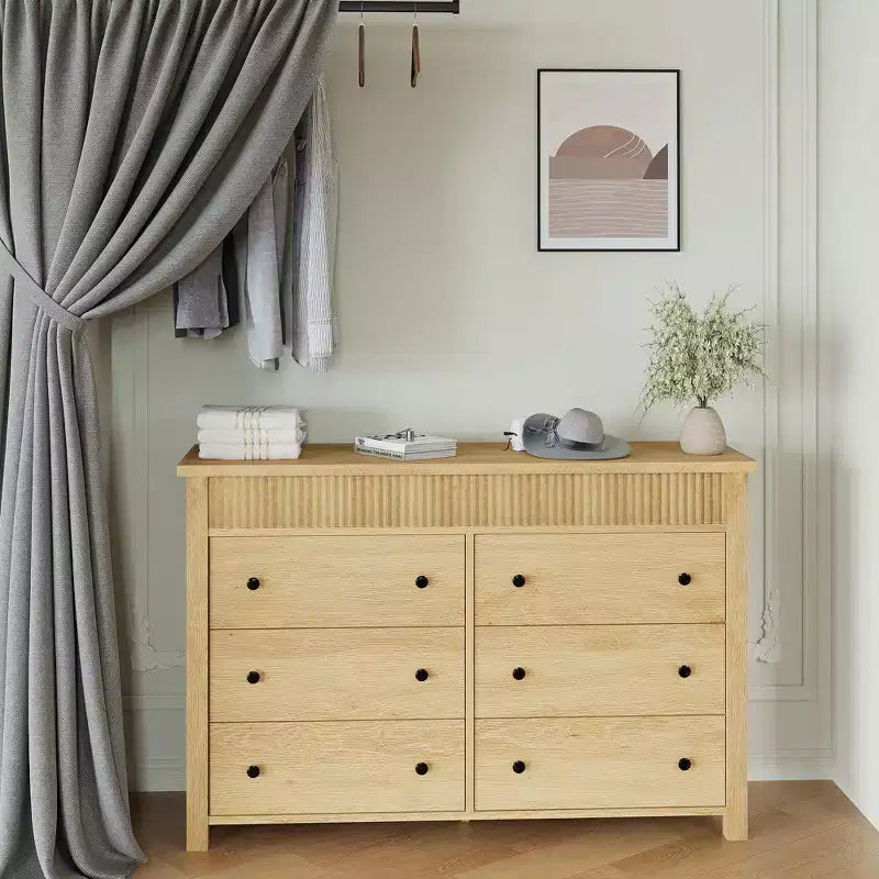 6 Drawer Dresser for Bedroom, 47w Wooden Chest of Drawers, Fluted Dresser TV Stand, Clothes Storage Organizer for Bedroom Hallway