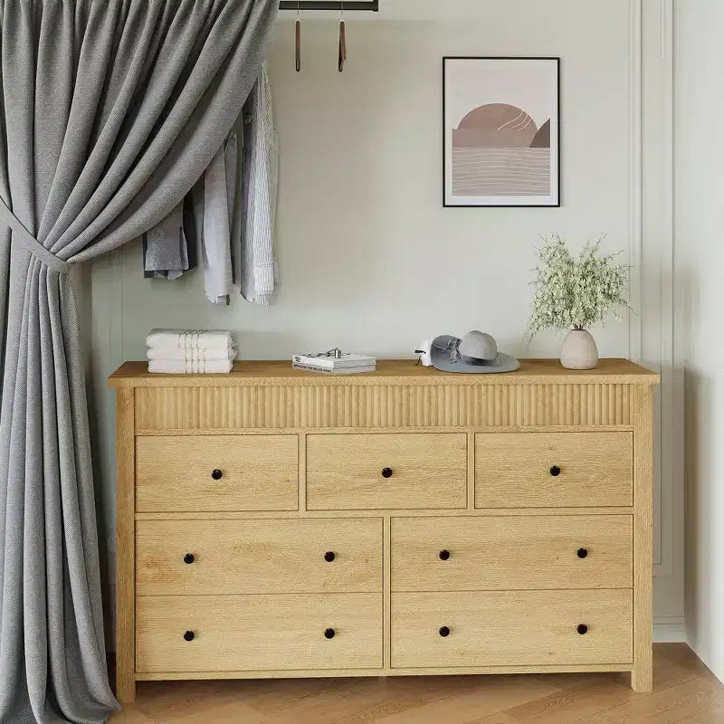 6 Drawer Dresser for Bedroom, 47w Wooden Chest of Drawers, Fluted Dresser TV Stand, Clothes Storage Organizer for Bedroom Hallway