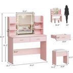 Coiffeuse avec miroir lumineux, tabouret, prise de courant, 6 étagères, 2 grands tiroirs, LED 3 couleurs réglables, coiffeuse de maquillage pour chambre, rose