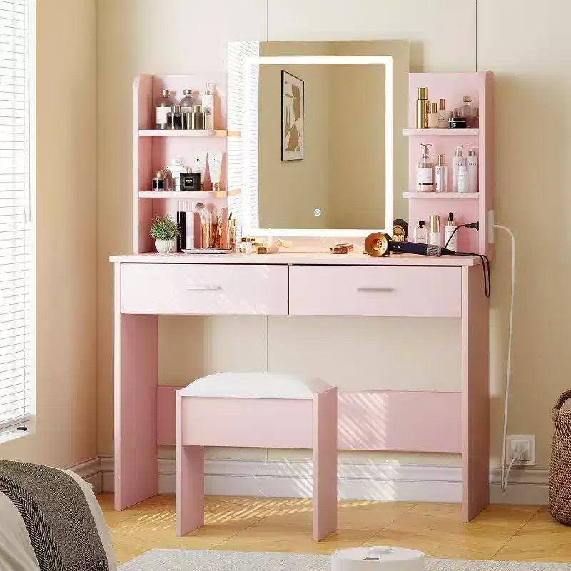 Coiffeuse avec miroir lumineux, tabouret, prise de courant, 6 étagères, 2 grands tiroirs, LED 3 couleurs réglables, coiffeuse de maquillage pour chambre, rose