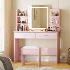 Coiffeuse avec miroir lumineux, tabouret, prise de courant, 6 étagères, 2 grands tiroirs, LED 3 couleurs réglables, coiffeuse de maquillage pour chambre, rose