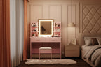 Coiffeuse avec miroir lumineux, tabouret, prise de courant, 6 étagères, 2 grands tiroirs, LED 3 couleurs réglables, coiffeuse de maquillage pour chambre, rose