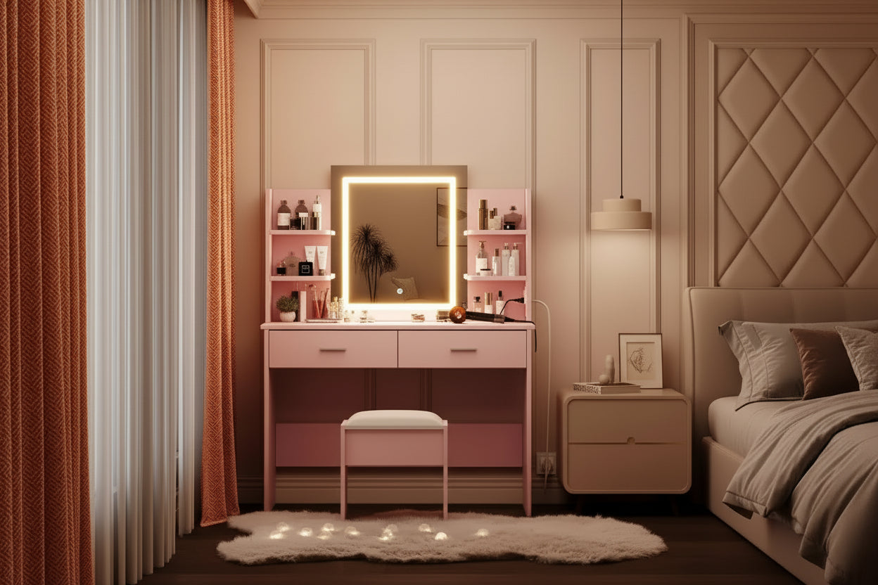 Coiffeuse avec miroir lumineux, tabouret, prise de courant, 6 étagères, 2 grands tiroirs, LED 3 couleurs réglables, coiffeuse de maquillage pour chambre, rose