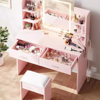 Coiffeuse avec miroir lumineux, tabouret, prise de courant, 6 étagères, 2 grands tiroirs, LED 3 couleurs réglables, coiffeuse de maquillage pour chambre, rose