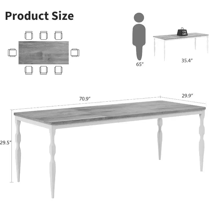 Table à manger rectangulaire rustique de 200 cm pour 6 à 8 personnes, plateau effet bois avec pieds en métal robustes, facile à nettoyer