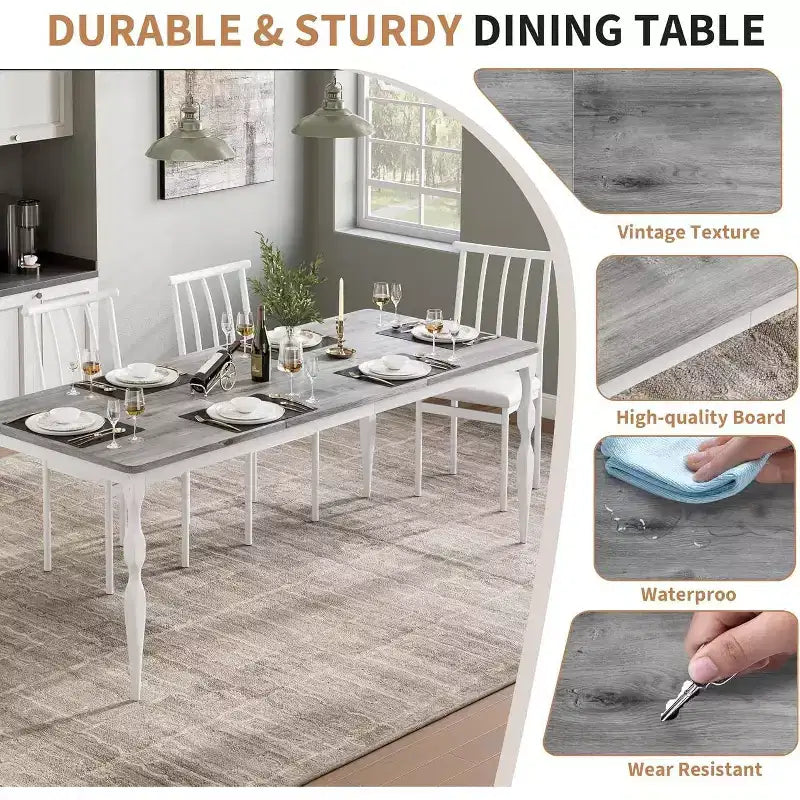 Table à manger rectangulaire rustique de 200 cm pour 6 à 8 personnes, plateau effet bois avec pieds en métal robustes, facile à nettoyer